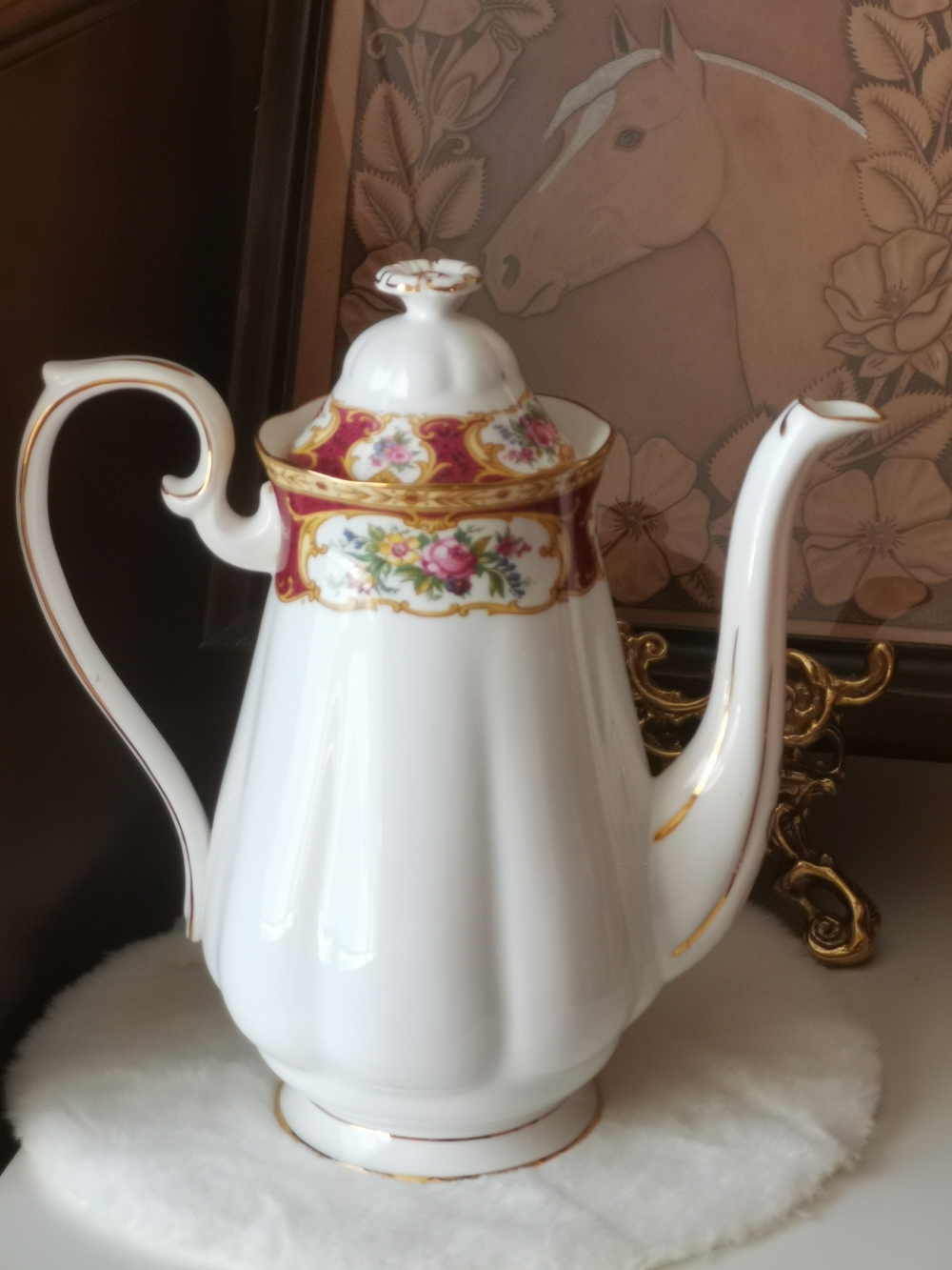 Royal Albert White Porcelain Coffee Pot with Pink Rose and Gold Trim